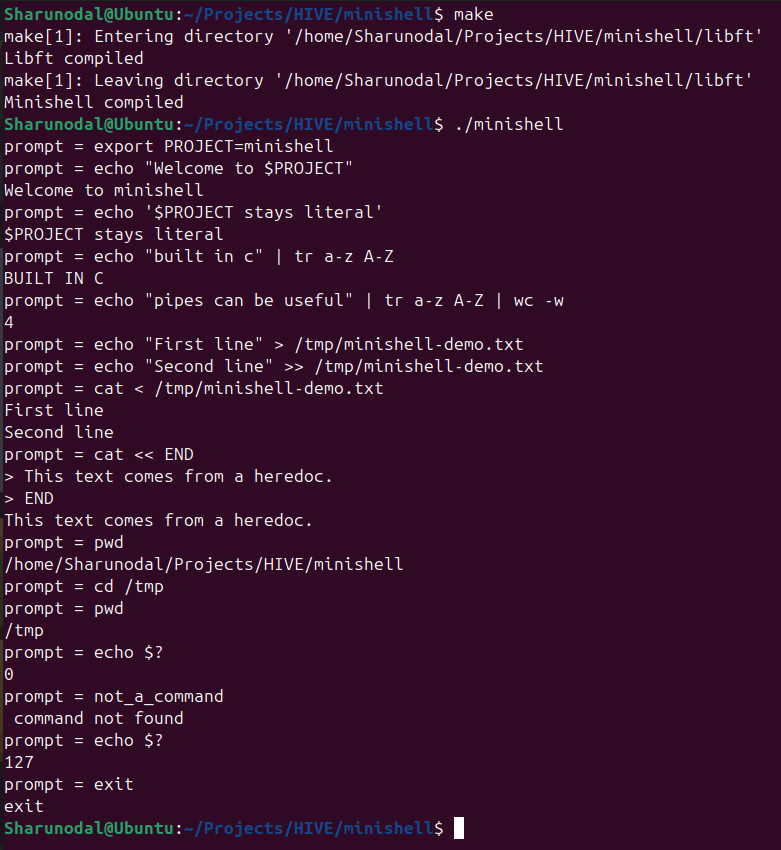 Terminal demonstration of minishell compiling and running environment expansion, quoting, pipelines, redirections, heredocs, directory changes, exit statuses, and error handling.